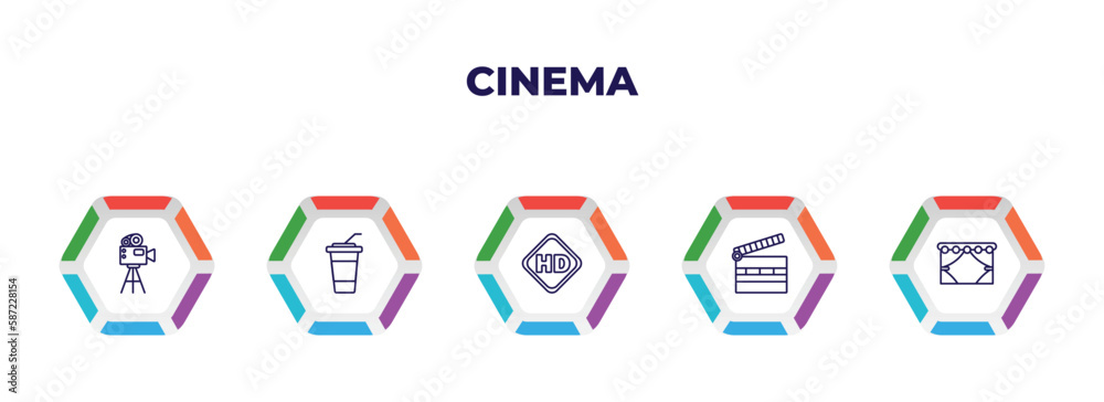 editable outline icons with infographic template. infographic for cinema concept. included old projector, take away drink, hd video, cinema clapperboard, cinema curtain icons.