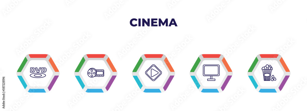 editable outline icons with infographic template. infographic for cinema concept. included dvd, film reel playing, big play button, flat tv, popcorn box icons. editable outline icons with infographic template. infographic for cinema concept. included dvd, film reel playing, big play button, flat tv, popcorn box icons.