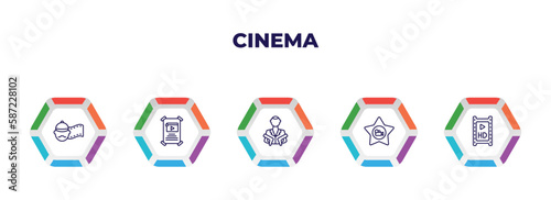 editable outline icons with infographic template. infographic for cinema concept. included producer, film poster, hitman, film star, hd movie icons.
