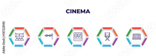 editable outline icons with infographic template. infographic for cinema concept. included movie theater, small carnival mask, , director film chair, buy tickets online icons.