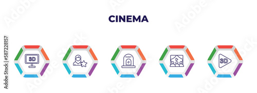editable outline icons with infographic template. infographic for cinema concept. included 3 dimension screen, cinema celebrity, cinema ticket window, people watching a movie, 3d video icons.