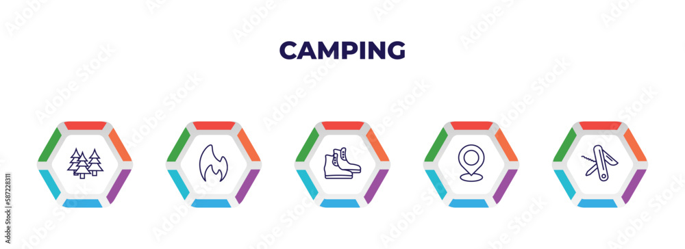 editable outline icons with infographic template. infographic for camping concept. included forest, gas, boots shoes, location, swiss army knife icons. editable outline icons with infographic template. infographic for camping concept. included forest, gas, boots shoes, location, swiss army knife icons.