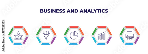 editable outline icons with infographic template. infographic for business and analytics concept. included department head, funneling data, data analytics circular, increasing stocks, shredder