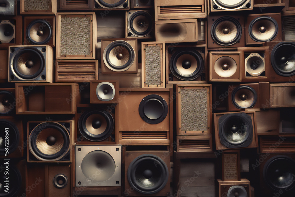 Obraz premium Generative AI image background of a large stack of wooden vintage music audio speakers.