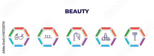 editable outline icons with infographic template. infographic for beauty concept. included spa tools, acupuncture, shower place, relaxing massage, shaving icons.