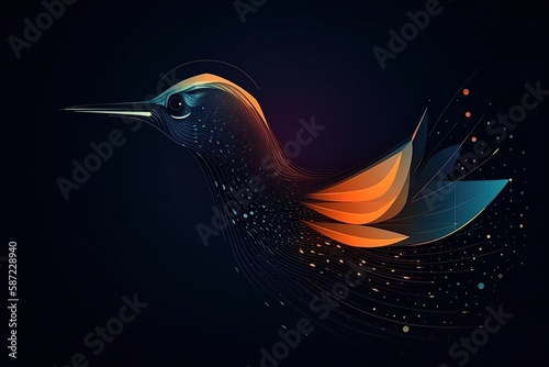 Futuristic glowing low poly flying bird, abstract dark bird isolated on dark background made with generative AI