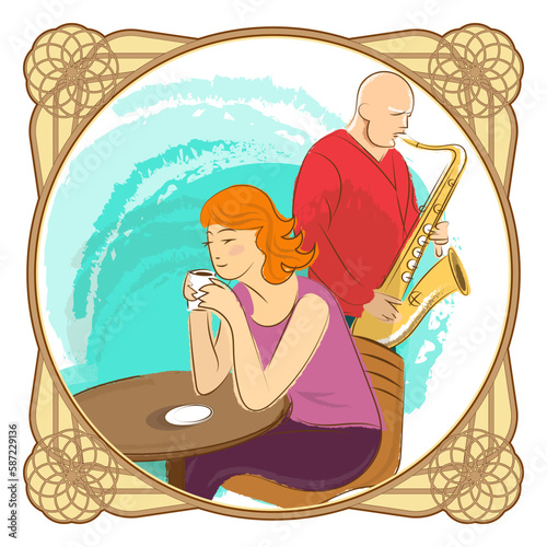 Romantic scene in a cafe. The girl is drinking coffee, and a saxophonist is playing next to her. Picture in a vintage frame. Sketch. Vector illustration