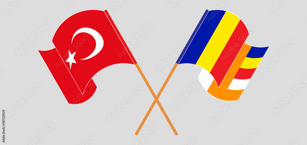 Crossed and waving flags of Turkiye and Buddhism Crossed and waving flags of Turkiye and Buddhism