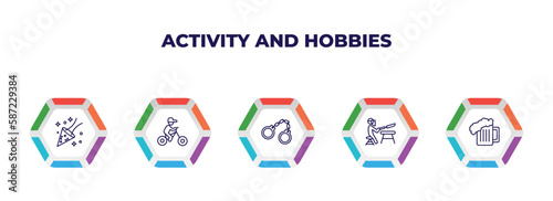 editable outline icons with infographic template. infographic for activity and hobbies concept. included party, biking, arrest, knife making, brewing icons.