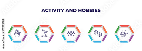 editable outline icons with infographic template. infographic for activity and hobbies concept. included beatboxing, hydroponics, foosball, boggle, yoyo icons.