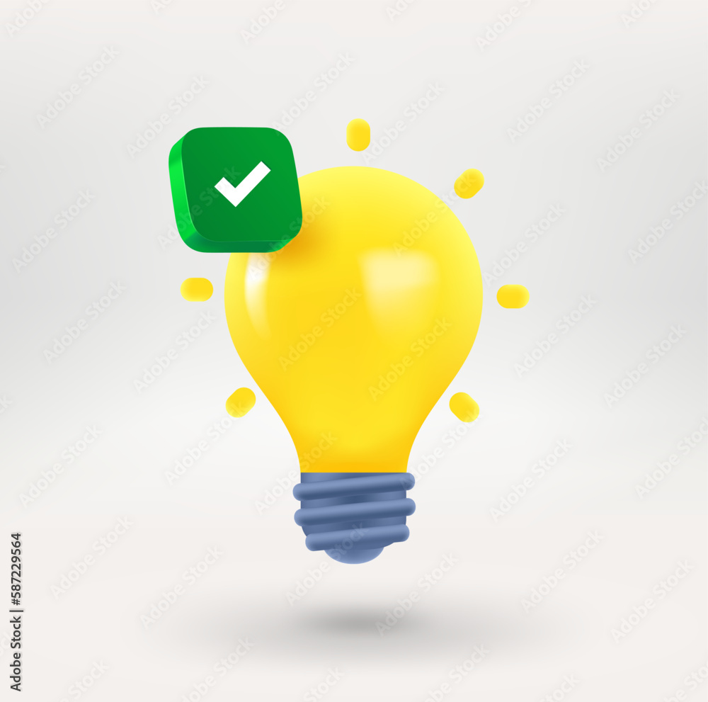 Lighting bulb icon with green check mark. 3d vector icon
Lighting bulb icon with green check mark. 3d vector icon