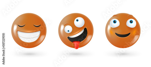 Different facial emoticons 3d vector set. Emoji isolated on white background with shadow