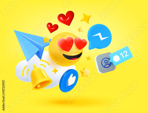 Social media elements with plane, emoji, stars, hearts. 3d vector illustration