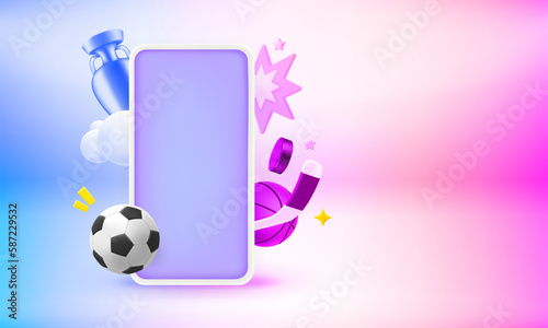 Modern smartphone with sports elements and blank screen. 3d vector banner with copy space