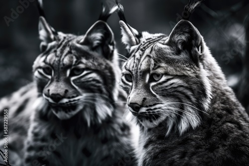 Black and white lynx playing with each other at Wildpark Gangelt  Germany. Generative AI