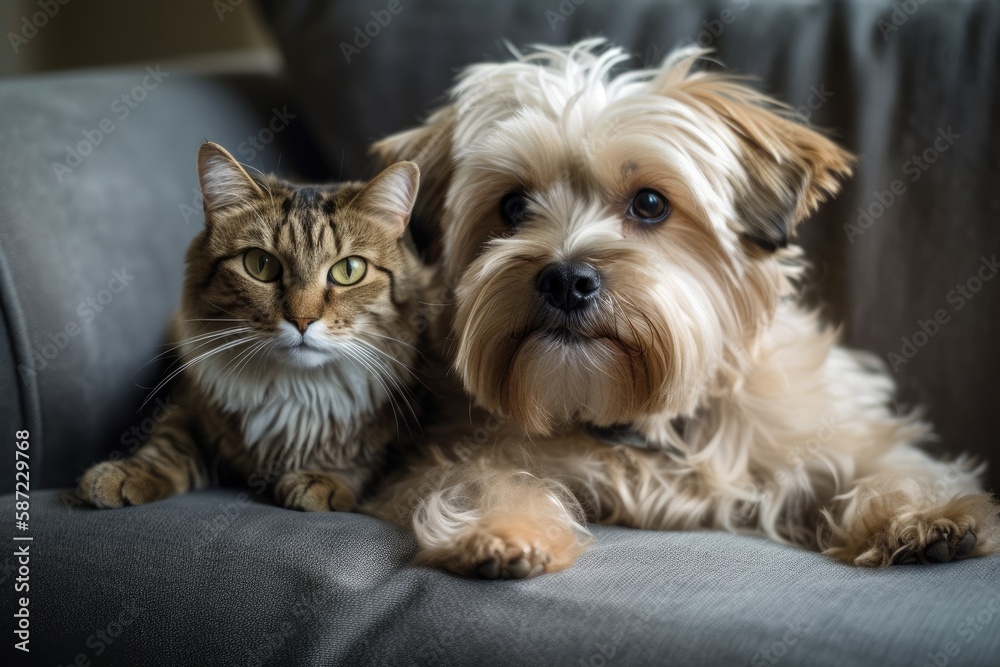 Cute dog and cat cuddling on a sofa at home. friends always. Generative AI Cute dog and cat cuddling on a sofa at home. friends always. Generative AI