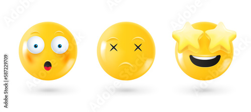Different facial emoticons 3d vector set. Emoji isolated on white background with shadow