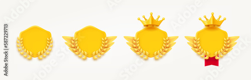 Different game rank emblems with shields and wreaths. Game achievement badges collection. 3d vector clipart isolated on white background