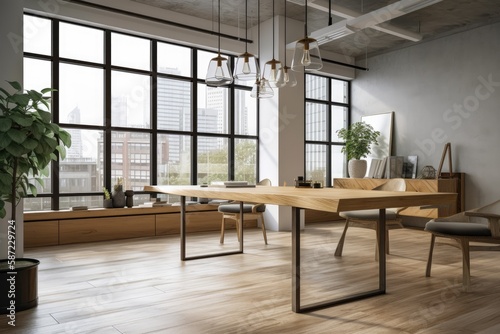 a wood table in a roomy office with large windows. Generative AI