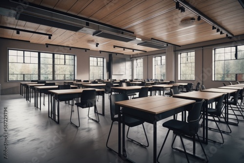 empty classroom modern with desks and chairs. Generative AI