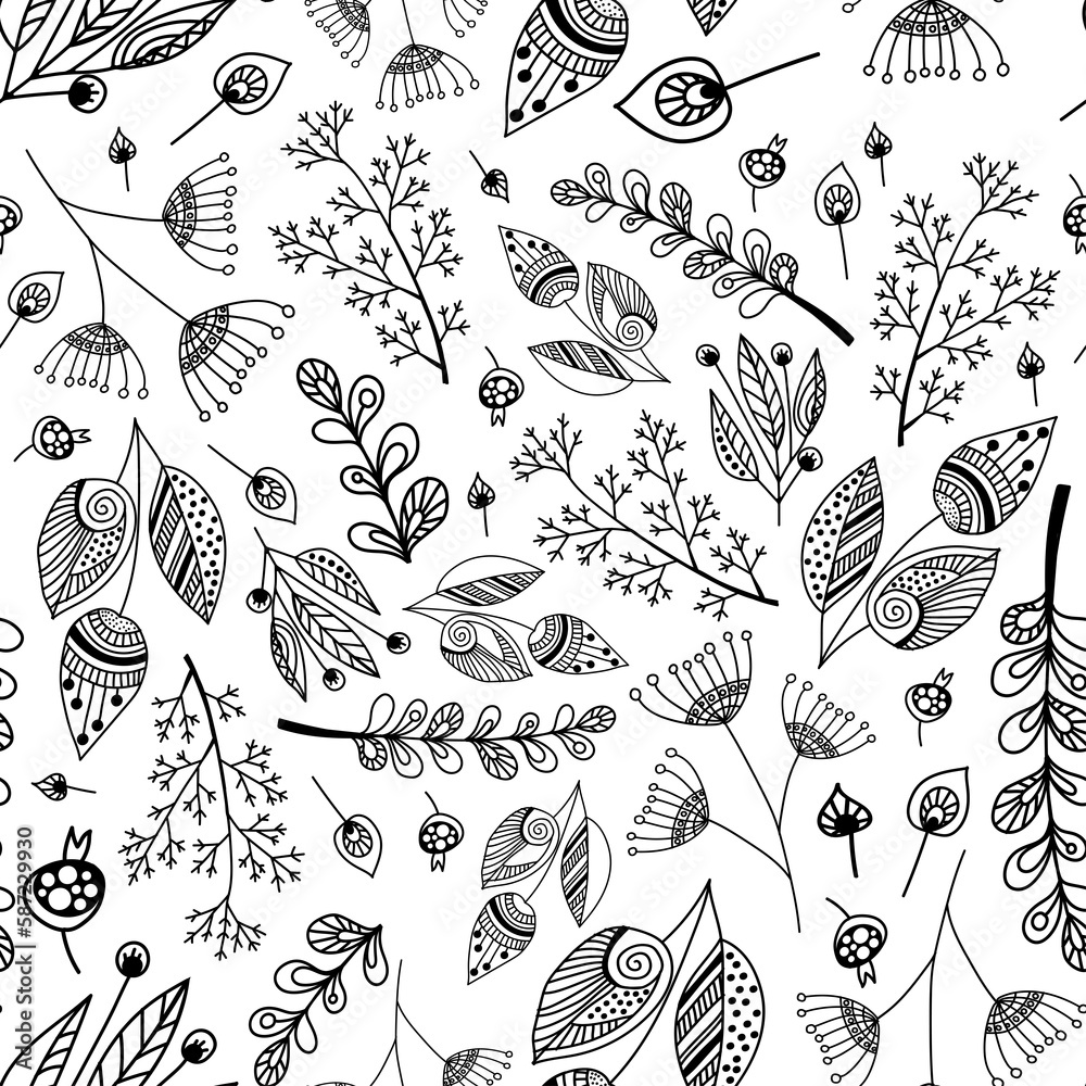 Seamless pattern with ornamental plants. Vector file for designs.