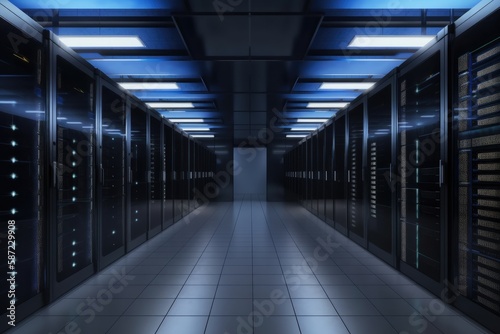 Shot of corridor in working data centre full of rack servers and supercomputers 