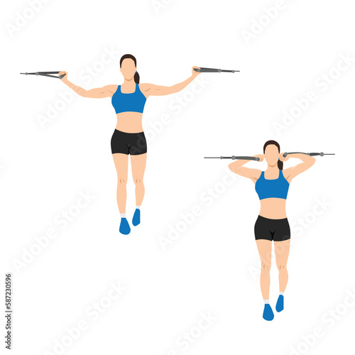 Woman doing overhead cable curls. Crucifix curls. flat vector illustration isolated on different layers. Workout character