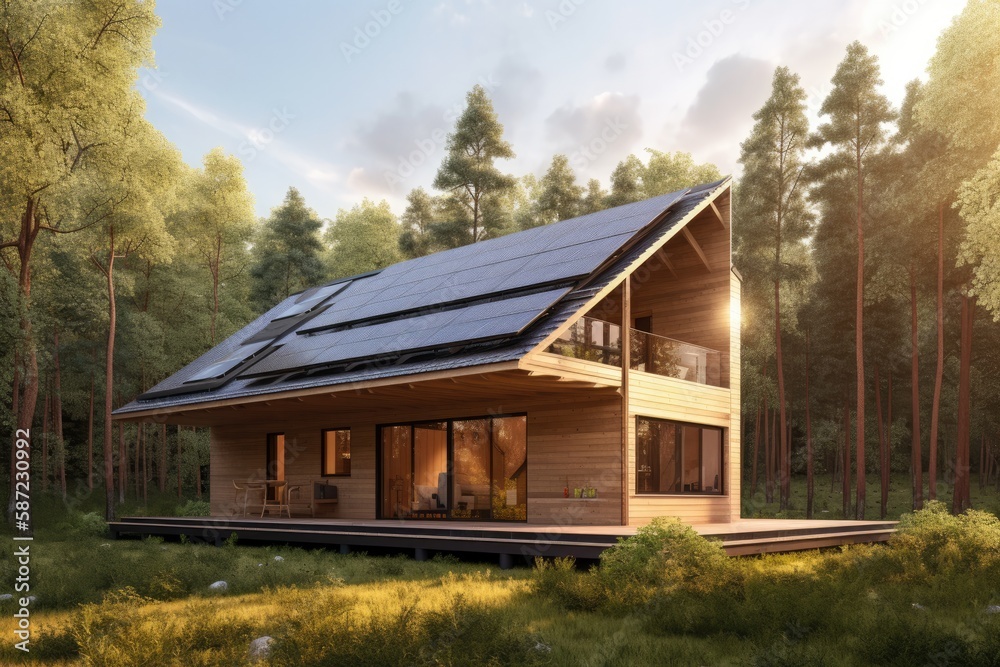 3d render of modern forest cabin with solar panels on the roof 3d render of modern forest cabin with solar panels on the roof