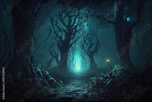  landscape at night fantasy forest background digital art, Generative AI 