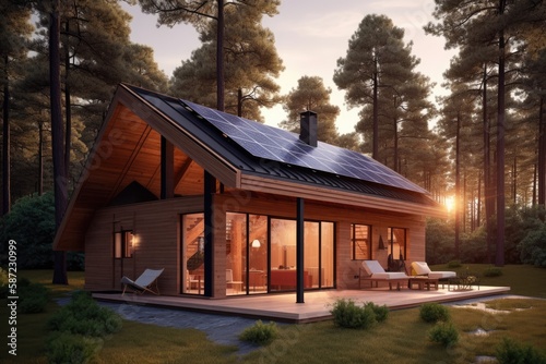 3d render of modern forest cabin with solar panels on the roof © Tixel