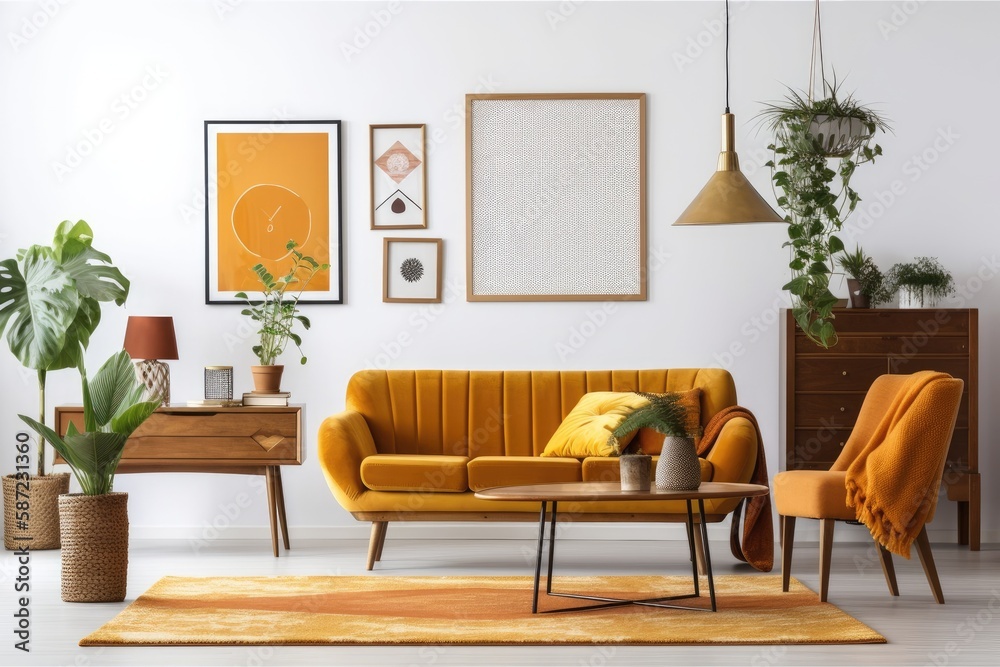 Retro living room with mock up poster frame, yellow velour couch, plants, wooden commode, coffee table, and personal belongings. Interior design. Template. Generative AI Retro living room with mock up poster frame, yellow velour couch, plants, wooden commode, coffee table, and personal belongings. Interior design. Template. Generative AI