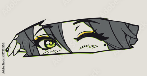 Anime manga eyes looking from a paper tear. Cute green flirty sight, monochrome colors. Vector hand drawn.