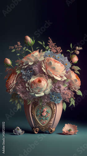 pink vase with pastel colors of purple and blue with flowers on dark background by generative ai