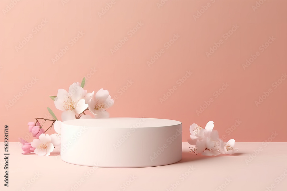 Youthful minimalist Mock Up concept for beauty and lifestyle product presentation, simple empty podium decorated with spring flowers, pink, teal, orange, coral pastel colored background, generative AI