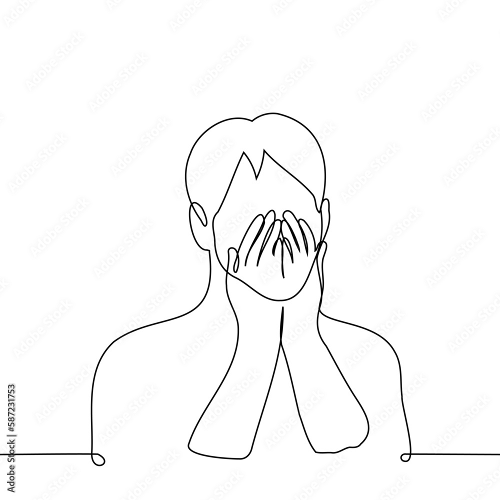 man covered the lower part of his face with his hands - one line drawing vector. concept strong surprise, shock, hide emotions man covered the lower part of his face with his hands - one line drawing vector. concept strong surprise, shock, hide emotions