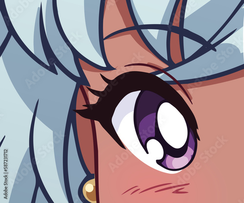 Anime manga eye close up. White hair and tan skin. Hand drawn vector illustration
