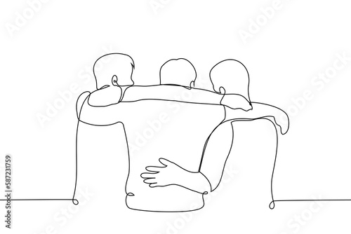 men help the third man walk, back view - one line drawing vector. concept team support, physical assistance, injury