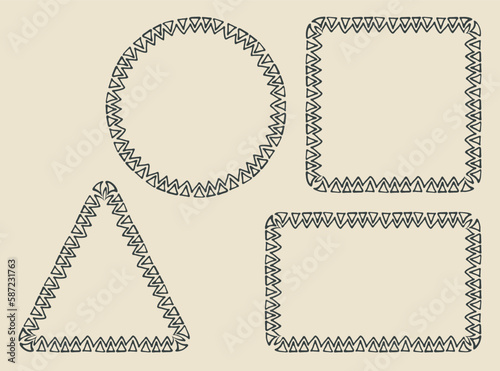 Tribal design, frames outline set. Hand drawn doodle ink stroke borders collection, zigzag decorative line. Circle, square, rectangle, triangle shapes for business cards, web design. Vector