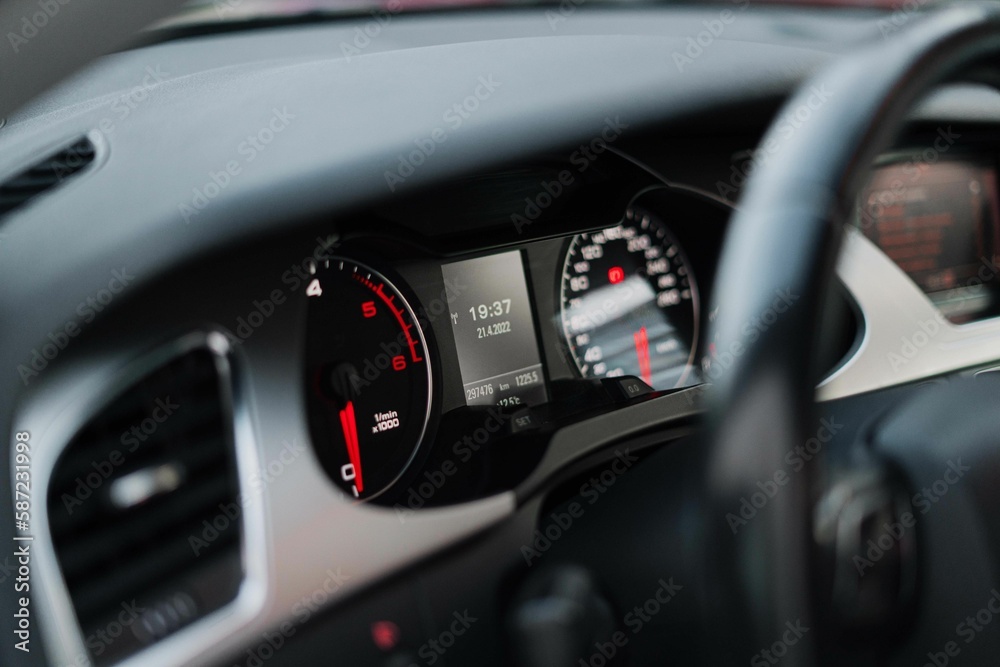 Closeup of the speedometer of a car