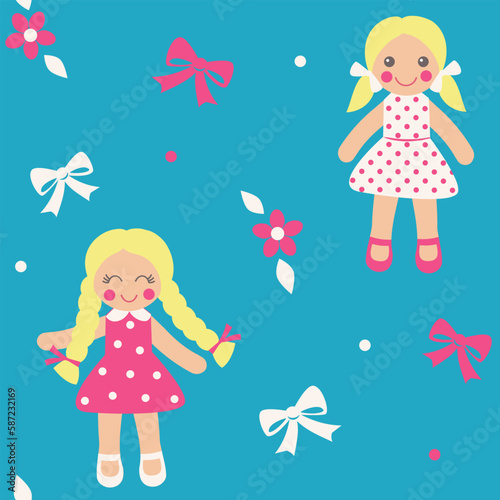 Cute dolls seamless pattern. Blue background. Colorful vector illustration.