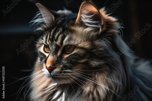 Portrait of a long haired cat in three colors. Generative AI