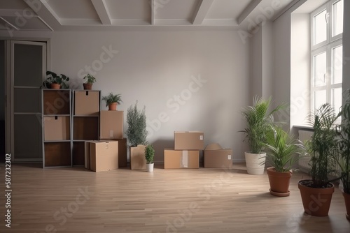 Empty room full with boxes and plants.Moving in the new home concept.Interior with moving boxes in empty white room 3d render © Tixel