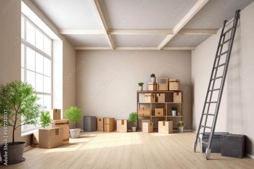 Empty room full with boxes and plants.Moving in the new home concept.Interior with moving boxes in empty white room 3d render Empty room full with boxes and plants.Moving in the new home concept.Interior with moving boxes in empty white room 3d render