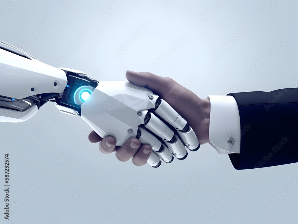 Robot and businessman hands in handshake. AI technology development and ...