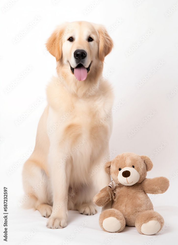 Fototapeta premium A cute dog standing next to a teddy bear, mothers day card.