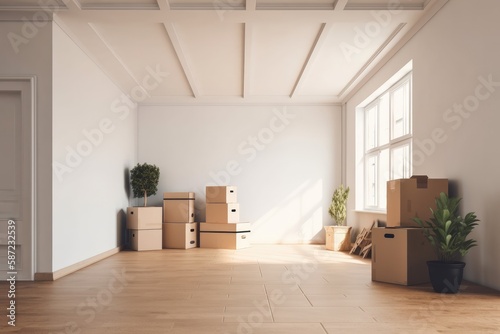 Empty room full with boxes and plants.Moving in the new home concept.Interior with moving boxes in empty white room 3d render © Tixel