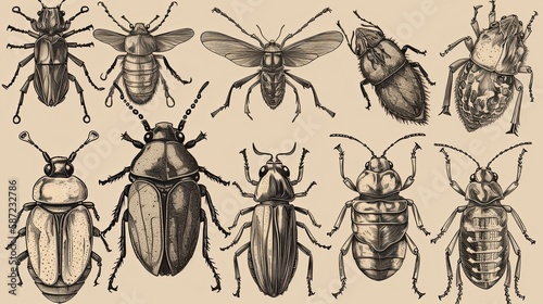 Assortment of hand drawn insects, including beetles. Unique and artistic collection. Generative AI © Gelpi
