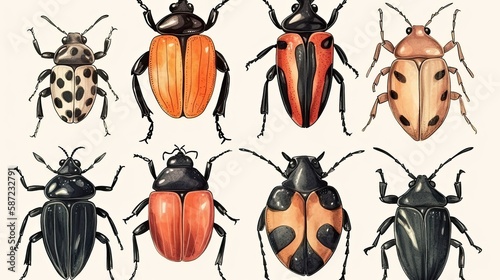 Assortment of hand drawn insects, including beetles. Unique and artistic collection. Generative AI © Gelpi