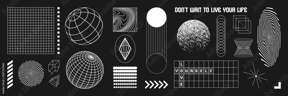© gorozhinak - Set of abstract geometric shapes or trendy geometric shapes inspired brutalism. Flat vector illustration with 3d wireframe models. Concept psychedelic techno style.