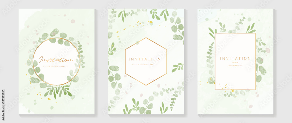 Luxury wedding invitation card background vector. Elegant watercolor texture in plant, leaf, gold border. Spring floral design illustration for wedding and vip cover template, banner, invite.
